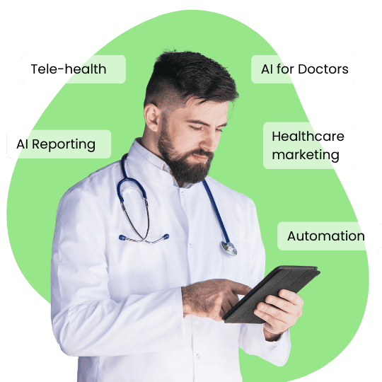 A doctor wearing a white coat and a stethoscope looks at a tablet. Text labels around him read "Tele-health," "AI Reporting," "Telemedicine," "Healthcare marketing," and "Automation." The scene highlights advancements in technology, including the use of HIS for streamlined healthcare delivery.