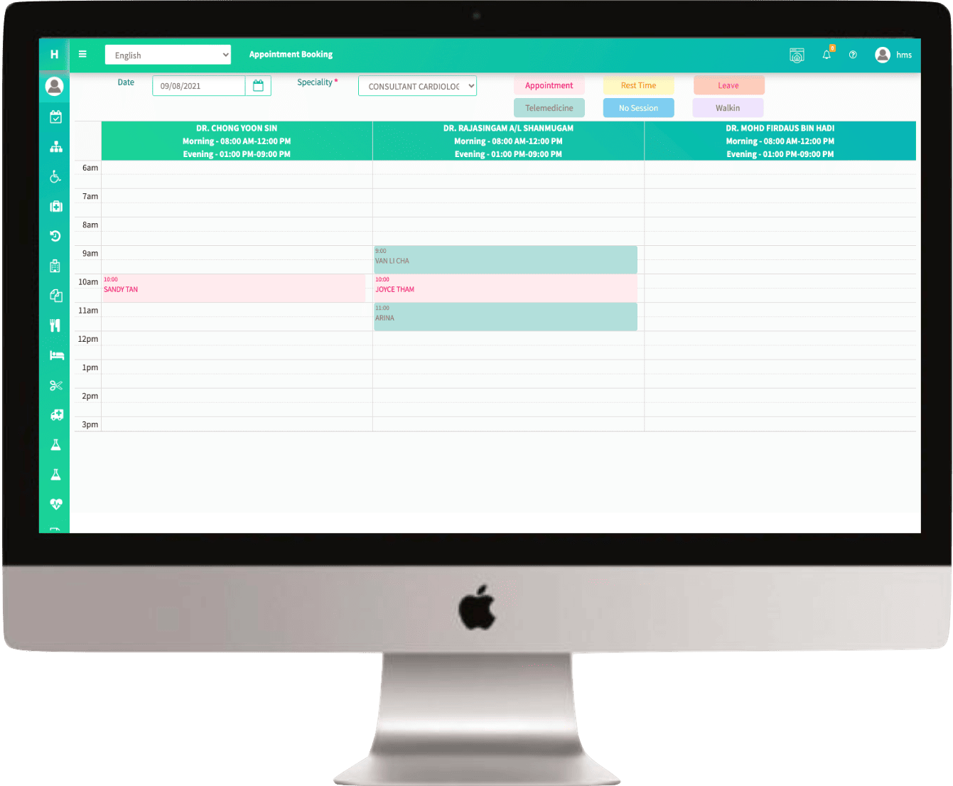 Computer screen displaying a hospital ERP dashboard with an appointment booking interface. Calendar slots are filled in pink and green, showing the date, specialties, appointment times, and consultant names.